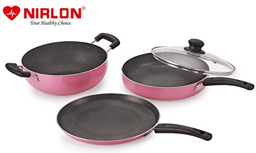 Image of Nirlon Orchid Granite 7-Piece Aluminium Non Stick Dishwasher Safe Cookware Gift Set with Glass Lid & 3 Spoon, Pink (Compatible with All Gas & stovetops Only)