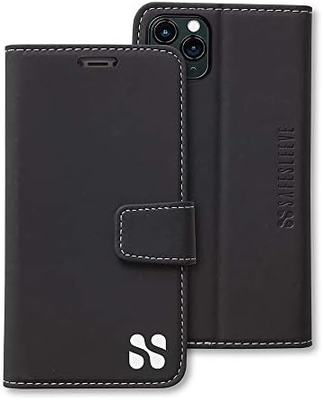 SafeSleeve EMF Protection Anti Radiation iPhone Case: iPhone 12 Pro Max RFID Card Holder Blocking Wallet, Adjustable Stand Cell Phone Case, Vegan Leather for Women & Men (Black)