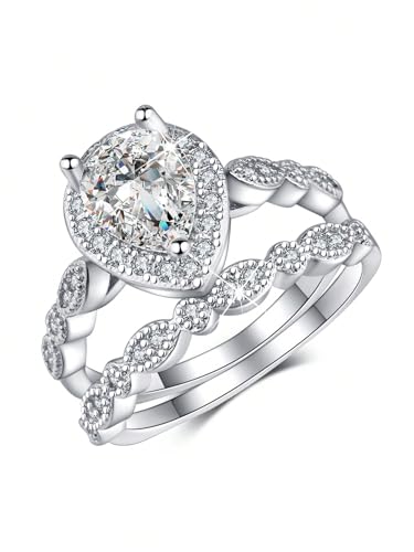 2Pc Set White Gold Single Row & Water Drop Rings Set Elegant For Women Dating Party Copper Ring Anniversary Occasion Exquisite Women's Jewelry Gift3