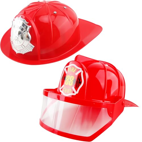 2 Pcs Kids Fire Hat Red Firefighter Hat Plastic Fireman Helmet Costume Accessory for Firefighter Cosplay Dress Up Party Favors