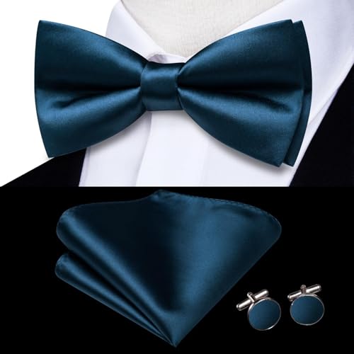 Image of Hi-Tie 5Pcs Mens Solid Color Silk Tie Satin Pretied Bowtie Lapel Pin for Men Handkerchief Cufflink Wedding Gift Box