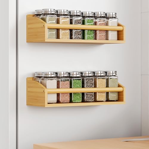 Image of 2 Pack Magnetic Spick Rack for Refrigerator, Fridge Organizer Shelf, Bamboo Wood
