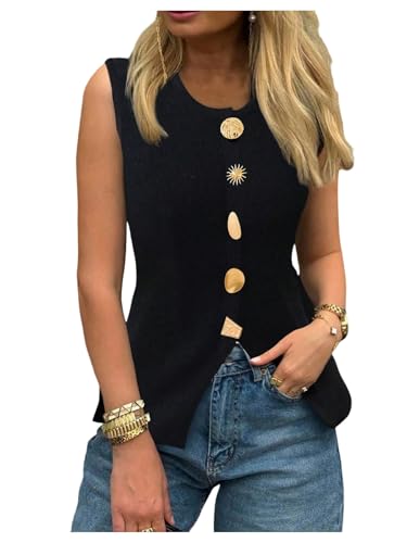 Verdusa Women's Old Money Clothes Elegant Button Down Sweater Vest Sleeveless Crew Neck Vintage Tank Top