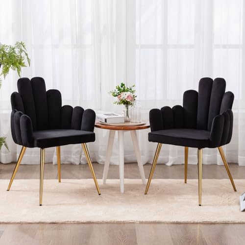 Ya-Home Velvet Dining Chairs Set of 2 Kitchen Side Chairs Upholstered Corner Chair with Gold Metal Legs, Modern Leisure Armchair for Dining Room/Restaurant, Black
