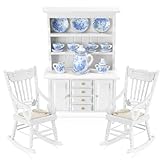 Crtiin 18 Pcs 1: 12 Scale Dollhouse Kitchen Furniture Accessories, Include 1 Miniatures Cabinet, 15 Mini Tiny Tea Things and 2 Dollhouse Rocking Chair for Doll House Victorian Miniature Hutch