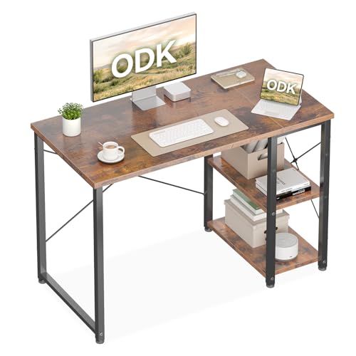 ODK Escritorio con Estantería Reversible, 100x48cm Mesa Escritorio con Estantes de Almacenamiento, Mesa Oficina Mesa Ordenador para en Casa, Estudio y Gaming, Marrón