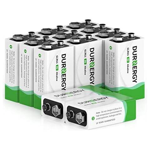 DURNERGY 9V Batteries 12 Pack, 10-Year Shelf Life, 9v Battery for Smoke Detector, 9 Volt Power Supply for Guitar Pedals, Square Batteries 9V Alkaline Batteries Cover
