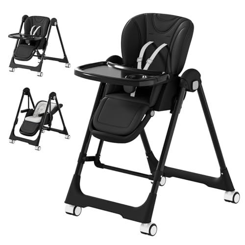 3-in-1 High Chairs for Babies and Toddlers, Foldable Baby High Chair with Rocking Mode, 5 Height Levels, Adjustable Backrest & Footrest, Lockable Wheels (Black)