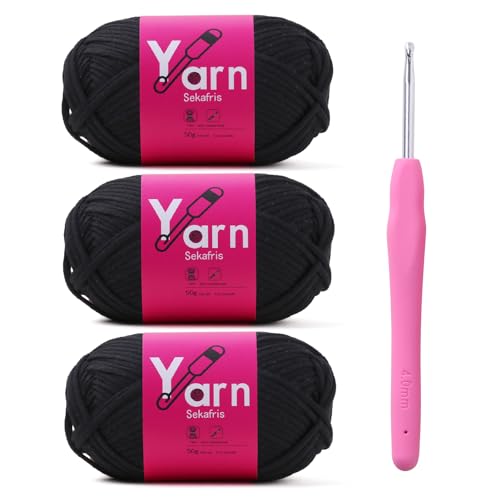 Image of Crochet Yarn 150g /163.5yds Cotton Yarn for Crocheting - Crochet Knitting Yarn for Beginners with Easy-to-See Stitches - Yarn for Crocheting - Parfait Chunky Yarn -Cotton-Nylon Blend (Black)