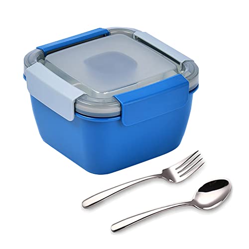 Yalucky Double Layer Bento Box with Compartments, Salad Bowl with Cutlery and Condiment - Large Capacity Lunch Container for Adults 1.5L (Blue)