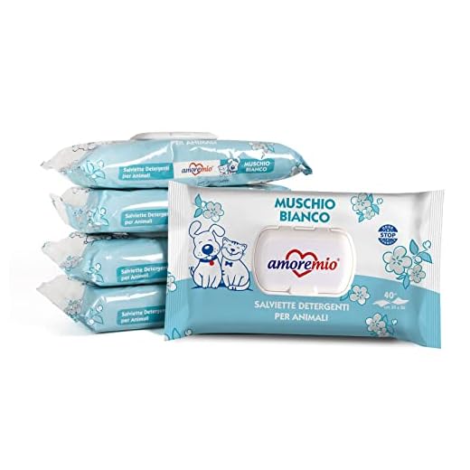 Amore Mio | 200 Salviette al Muschio Bianco per il Manto di Cani, Gatti e Animali Domestici, Disinfettanti e Igienizzanti, 30x20 cm - 5 Confezioni da 40 Salviettine