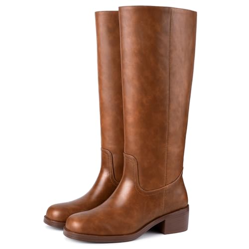 Image of Gothictor Women's Banana Knee High Boots Square Toe Chunky Block Heel Comfortable Low Heel Pull on Wide Calf Riding Long Boots for Women