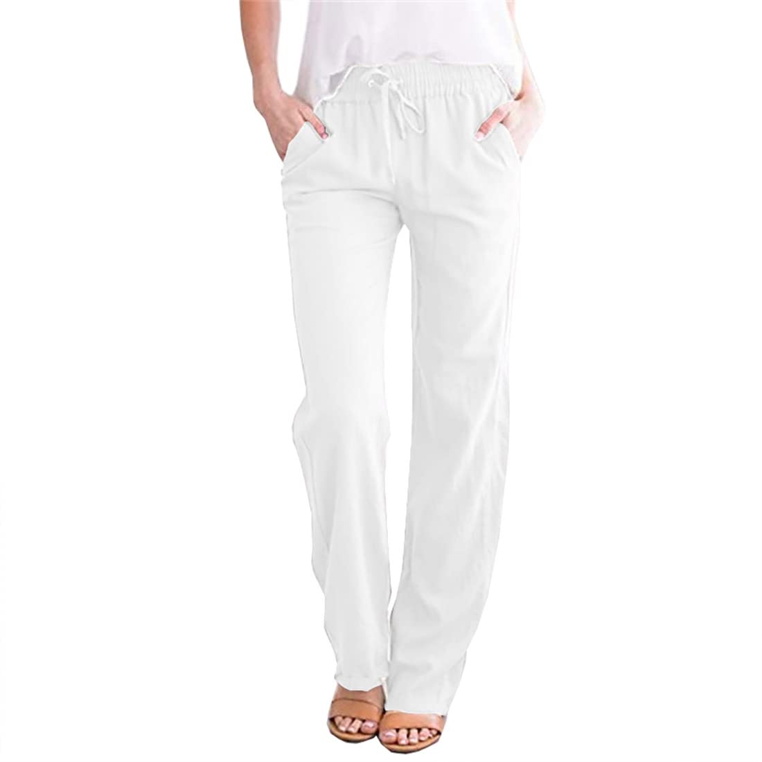 utcoco Womens Linen Pants Casual Straight Fit Elastic Waisted Drawsting Trousers with Pockets