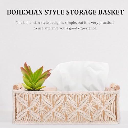 Image of Generic Macrame Storage Basket Tray - Cotton Lined Boho Decor Hamper with Wooden Handle for Gifts, Events, Parties, Bedroom, Bathroom, Home Decoration - Of-White - (Set of 2)