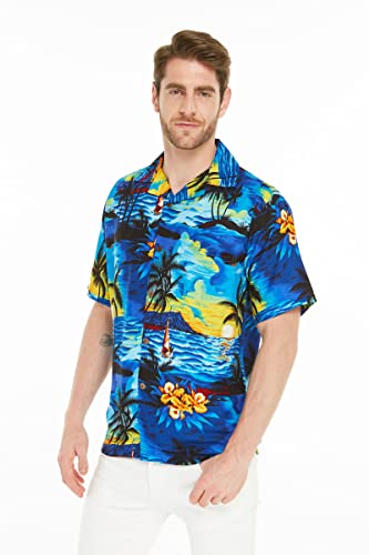 Image of Hawaii Hangover Family Matching Hawaiian Clothes, Sunset Blue | Family matching Hawaiian outfits, Sunset Blue, lightweight rayon, machine washable, tropical print, luaus, cruises