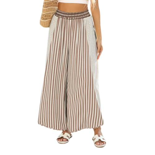 Womens Summer Lounge Pants Casual Loose Striped Elastic Waist Wide Leg Palazzo Trousers