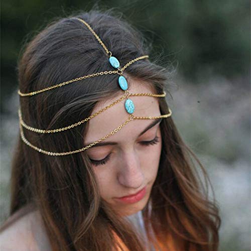 Jovono Bohemian Multi-layer Tassel Head Chain with Turquoise Bridal Headpiece Vintage Headband for Wedding