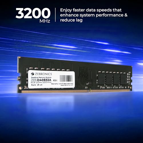 Image of Zebronics 8GB DDR4 RAM for PC, 3200MHz, 4bit Architecture, Low Power Consumption, High Stability Performance (D40832A)