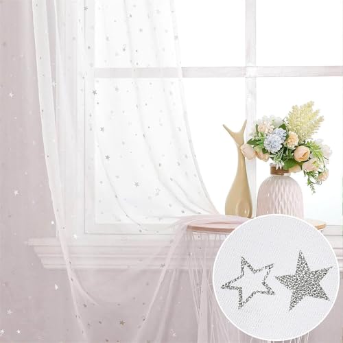 Odot Étoile d'argent Rideau Voilage Occultant, Rideau Occultant Fenêtre Chambre Rideaux Voilages avec Oeillets 1 Pièce Rideaux Semi Transparent pour...