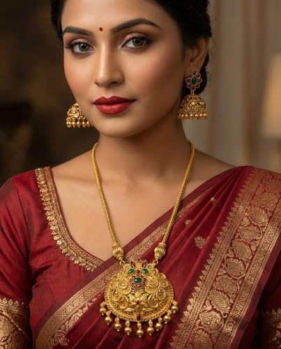 Image of South Indian Traditional Antique Matte Gold Finish Goddess Lakshmi & Peacock Motif Long Necklace Set with Jhumka Earrings for Women | Ethnic Temple Jewellery for Weddings, Brides & Festivals (Trendy)