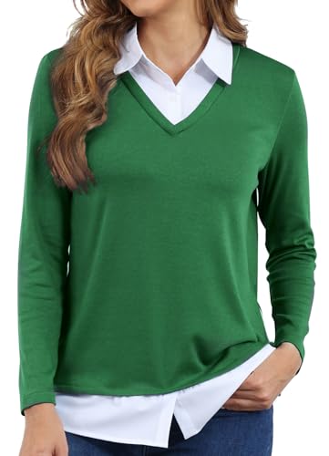 Image of Vldnery Womens Fall Winter Sweater 2025 Trendy Clothes Oversized V Neck Long Sleeve Shirts 2 in 1 Outfit Casual Pullover Tops