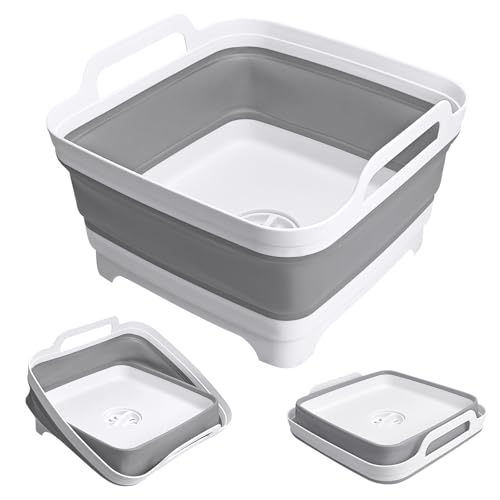 Image of Collapsible Wash Basin with Drain Plug, 2.4 Gallon (9L) Collapsible Dish Basin, Portable Bottle Washing Basin for Baby Bottles, Vegetable Washing, RV Camping