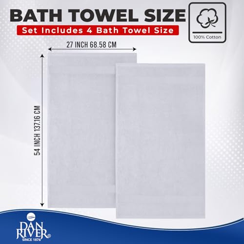 Image of DAN RIVER Bath Towels Set of 4, 27 x 54 Inches, 100% Cotton, Larger & Lighter Weight, Quicker to Dry, Super Soft and Absorbent, Ideal White Towels for Daily Use
