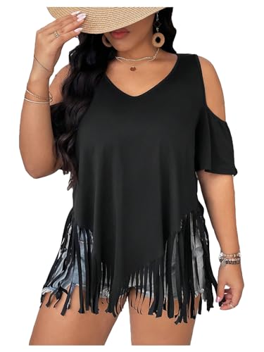 Women's Plus Size Fringe Hem V Neck Tops Short Sleeve Cold Shoulder T Shirts Top