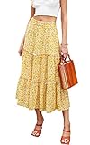 Hibluco Women's Floral Midi Skirts Elastic High Waist A-Line Swing Skirts