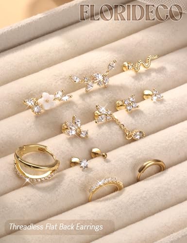 Florideco 20G 18G Threadless Flat Back Earrings Hypoallergenic Push in Stud Earrings 14K Gold Plated 316L Surgical Steel Stud Hoop Earring Sets Cartilage Helix Conch Tragus Nose Piercing Jewelry 12PCS3