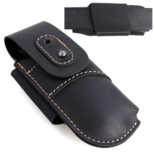 Topstache Leather Knife Sheath for Belt - Horizontal Carry Knife Holster - EDC Belt Organizer - Leather Multitool Sheath Pouch with Two Snap Closure for Folding Knife, Black