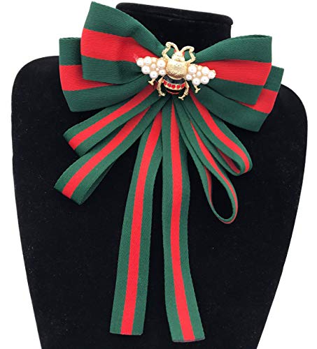 Beatfull Designer Rhinestone Pre-Tied Ribbon Bow Tie for Women, Bee Brooch Pin Collar Jewelry(Green)