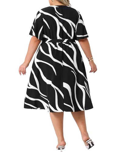 Agnes Orinda Plus Size Dress for Women Short Sleeve Notched V Neck Belt Summer Midi Dresses with Pockets4