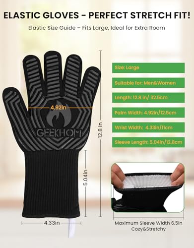 GEEKHOM EN407 Certified Professional Grilling Gloves: Fireproof 1472°F Heat Resistant, 13-Inch Long Silicone Oven Mitts (Black)