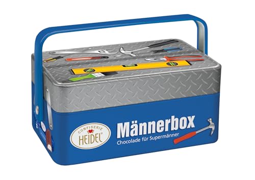 Heidel Männerbox Metalldose 86g - Gefüllt mit Vollmichschokolade Pralinen - Ideales Männergeschenk für Papa Mann Opa Onkel oder Bruder - Lustige Überraschung am Vatertag Männertag & Herrentag