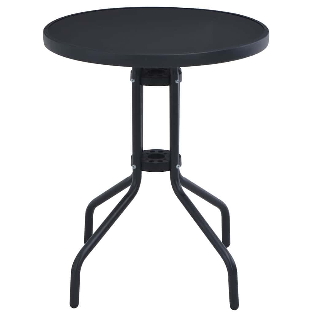 Tavolo da giardino rotondo da 80 cm con struttura in acciaio verniciato a polvere e piano in vetro setoso di colore nero, stabile e durevole per colazione o tè pomeridiano all'aperto