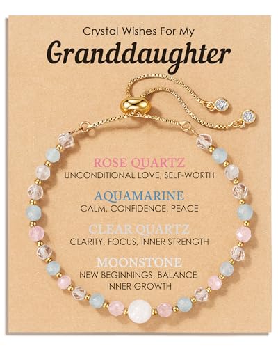 HGDEER Granddaughter Bracelet Gift - Natural Crystal Healing Stones with Meaningful Quote Card - Rose Quartz Moonstone Jewelry from Grandparents