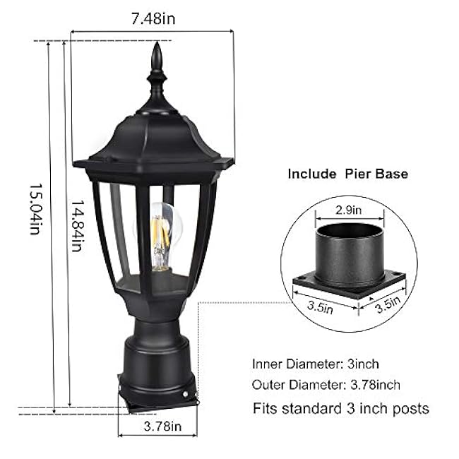 FUDESY Outdoor Post Lights, Electric Exterior Lamp Post Light Fixture with Pier Mount Base, LED Bulb Included, Anti Corrosion Black Plastic Materials, Pole Lanterns for Garden, Patio, Pathway