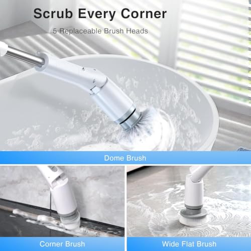 LABIGO Electric Spin Scrubber LA1 Pro, Cordless Spin Scrubber with 4 Brush Heads and Adjustable Extension Handle, Power Cleaning Brush for Bathroom