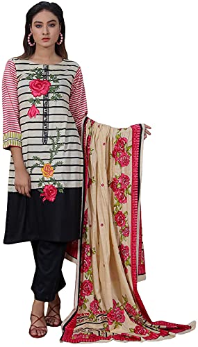 IshDeena Ready to Wear Embroidered Cotton Lawn Pakistani Dresses for Women Shalwar, Kameez with Dupatta - Three Piece Set (3X Large, White & Black)