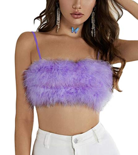 トップス yo BIOTOP Feather top Women Rave Festival Feather Crop Tops Faux Fur Spaghetti Straps