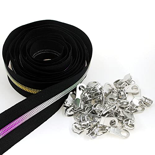 Image of #5 Metallic Nylon Coil Zippers by The Yard Colorful Teeth Zipper Bulk 10 Yards Black Tape with 25pcs Silver Sliders for DIY Sewing Tailor Craft Bag Leekayer(Black)