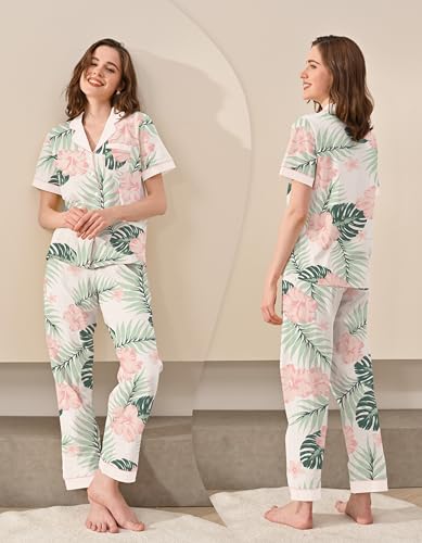 Image of NAP BOUND 100% Cotton Women Pajama Sets Button Down Short Sleeve Sleepwear Soft Pjs 2 Piece Lounge Set with Pocket XS-XXL