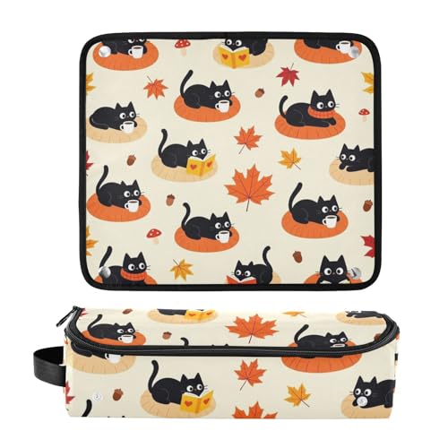 Bolsa organizadora y tapete resistente al calor para herramientas de cabello, gran capacidad, patrón gato negro, para planchas, rizadores, cepillos y accesorios miniatura 3