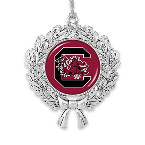 South Carolina Gamecocks Wreath with Team Logo Silver Metal Christmas Ornament Gift Tree Decoration USC