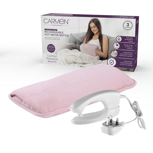 Carmen Large Rechargeable Hot Water Bottle Soft Touch Fleece Cover Hand Warmer Automatic Temperature Control W36cm x H19cm Pink