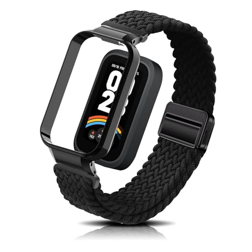 PaceBid Nylon Armband für Xiaomi Smart Band 9 Active(Mi Band 9 Active), Geflochtenes Magnetisch Ersatzarmband mit Rahmen, Männer Frauen Sport Uhrenarmband für Xiaomi Redmi Smart Band 3 - Schwarz