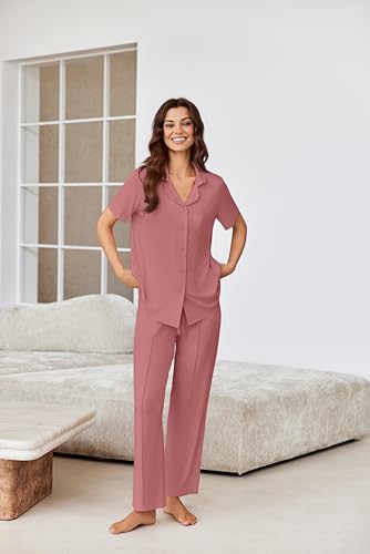 Image of Ekouaer Pajamas for Women Set Button Up Short Sleeve Pjs Sets With Pockets | Soft Womens Sleepwear,V Neck,Notch Collar,2 Piece Classic Loungewear With Long Pant for Sleep,Lounge,Fall