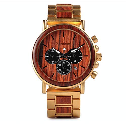 BURNHAM Wooden Mens Watches Stylish Wood & Gold Stainless Steel Combined Chronograph Military Quartz Casual Wristwatches
