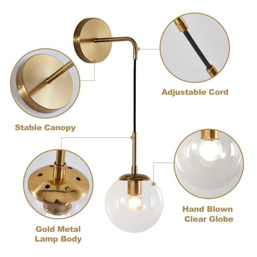 Apliques de pared de latón dorado y vidrio esmerilado, pack de 2 luces LED sofisticadas 4